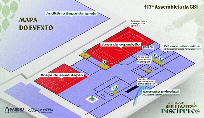 Mapa do Evento — 117ª Assembleia da CBF, com áreas de exposição, praça de alimentação, check-in, entradas e auditório